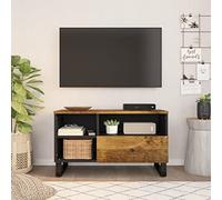 Kaloriko Meuble TV 80 x 33 x 46 cm - Bois massif mangue et bois - Marron miel - Avec 3 compartiments et tiroir - Meuble bas stable pour salon, chambre à coucher