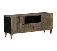 Kaloriko Meuble TV gris clair en bois de manguier massif 105 x 33,5 x 46 cm avec espace de rangement, tiroir et gestion des câbles pour salon, chambre à coucher, bureau, jeu, home cinéma