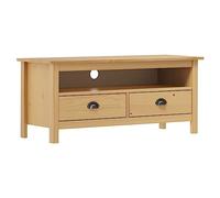 Kaloriko Meuble TV Hill Range Marron Miel en Bois de pin Massif 110x40x47 cm avec 2 tiroirs 1 Compartiment Rangement Salon séjour Chambre Bureau Design