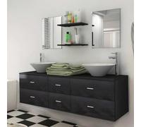 Kaloriko Mobilier de Salle de Bain 7 pièces Noir Comprenant Meuble sous lavabo Mural, Deux lavabos en céramique, Miroir, étagères et Rangement Compact avec tiroirs pour