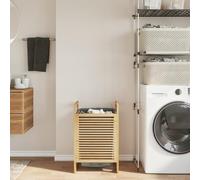 Kaloriko Panier Corbeille à Linge en Bambou avec Sac Gris Amovible, Couvercle et Finition Transparente, 40 x 35 x 61 cm, Rangement Linge Sale pour buanderie, Chambre, Salle de Bain, tri Pratique