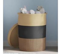 Kaloriko Panier de Rangement avec Couvercle Noir et Beige en Coton et Polyester, Ø37 x 50 cm, Pliable avec poignées pour Linge Jouet Salon Chambre buanderie Placard