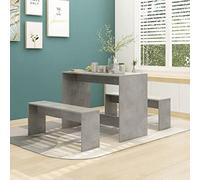 Kaloriko Salon à manger 3 pièces gris béton en bois avec table de 102 x 50 x 75 cm et 2 bancs de 97 x 25 x 40 cm - Salon stable pour salle à manger, repas et petit déjeuner
