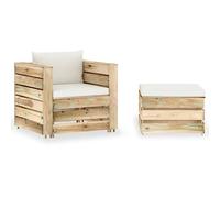 Kaloriko Salon de jardin 2 pièces en bois de pin imprégné vert avec coussins blanc crème, 77 x 70 x 66 cm, fauteuil, pour terrasse, balcon, meubles d'extérieur pour se détendre