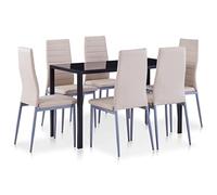 Kaloriko Salon de salle à manger 7 pièces marron cappuccino avec verre trempé et chaises en cuir synthétique, table de 120 x 60 x 74 cm, 6 chaises, ensemble de salle à manger moderne pour repas et