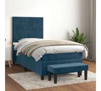 Kaloriko Sommier à Lattes Bleu Foncé 90x200 cm avec Tête de Lit Réglable, Matelas à Ressorts Ensachés et Banc, Velours Doux, Meuble Chambre