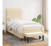 Kaloriko Sommier à Lattes Lit avec Matelas Crème 90x200 cm, Tissu Durable, Tête de Lit Réglable, Ressorts Ensachés, Support Moyen-Dur, Banc Multifonctionnel