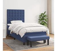 Kaloriko Sommier à Lattes Lit Bleu 90x200 cm avec Matelas Ressorts Ensachés, Tête de Lit Réglable, Surmatelas et Banc, Tissu Durable pour Chambre