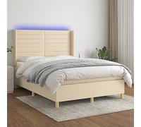 Kaloriko Sommier à Lattes Lit Crème 140x190 cm, Tissu Durable avec Tête de Lit Réglable, Matelas Ressorts Ensachés, Bande LED Colorée, Meuble Chambre