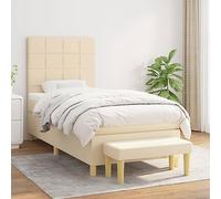 Kaloriko Sommier à Lattes Lit Crème 90x200 cm avec Matelas Ressorts Ensachés, Tête de Lit Réglable, Tissu Durable, Support Moyen-Dur, Banc Multifonctionnel