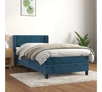 Kaloriko Sommier à Lattes Lit Double Velours Bleu Foncé, Tête de Lit Réglable, Matelas Ressorts Ensachés, 100x200 cm, Support Mi-Ferme, pour Chambre à Coucher