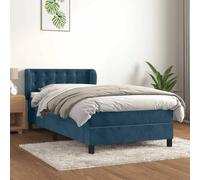 Kaloriko Sommier à Lattes Lit Velours Bleu Foncé, 100x200 cm, Tête de Lit Réglable, Matelas à Ressorts Ensachés, Support Mi-Ferme, Cadre de Lit