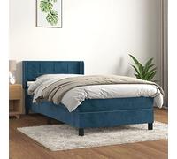 Kaloriko Sommier Lit Rembourré Velours Bleu Foncé, Tête de Lit Réglable, Matelas Ressorts Ensachés 100x200 cm, Support Mi-Ferme, Meuble Chambre