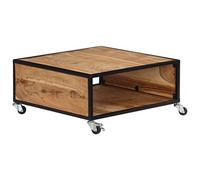 Kaloriko Table basse 70 x 70 x 32 cm, bois massif d'acacia poli et laqué, avec 1 compartiment, 4 roulettes, idéale pour le salon, design unique, durable