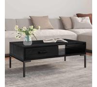 Kaloriko Table Basse en Bois de pin Massif Noir 90x50x35 cm avec tiroir, Compartiment de Rangement, Pieds en métal pour Salon séjour intérieur Industriel