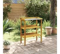 Kaloriko Table de jardin en bois d'acacia massif avec plan de travail en zinc, 2 étagères, table de pot compacte pour balcon, terrasse, serre, entretien du jardin, table de fleurs avec organisateur