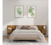 Kaloriko Tête de lit murale avec tables de chevet intégrées, bois de chêne fumé, 240 cm de large, design robuste pour chambre à coucher et rangement