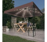 Kaloriko Tonnelle de Jardin 3 x 3 m Taupe en Acier avec Toit Polyester, auvent ventilé, Guirlande LED Solaire Blanc Chaud, ombrage terrasse Patio pour Soleil et Pluie