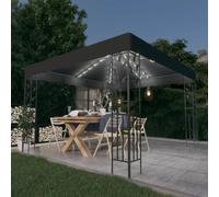 Kaloriko Tonnelle de Jardin Anthracite 3 x 3 m avec Guirlande LED Solaire Blanc Chaud, auvent Double Toit en Acier Enduit de Poudre, Protection Soleil et Pluie pour terrasse Patio Balcon