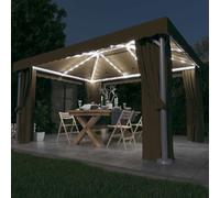 Kaloriko Tonnelle Taupe 4 x 3 m avec Rideaux et moustiquaires, auvent en Polyester Enduit PA, Structure Aluminium Acier, Guirlande LED Solaire Blanc Chaud pour Jardin terrasse Patio