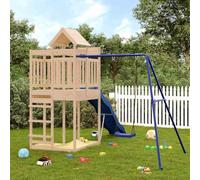 Kaloriko Tour de jeu en pin massif avec toboggan ondulé et balançoire simple, cadre d'escalade en bois pour enfants, maison de jeux de jardin avec bac à sable, balançoire nid et accessoires