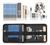 KALOUR 33 pcs Professional Art - Kit de crayons de dessin et croquis dans zippée étui de transport - Art Supplies Y Compris Dessin et fusain, crayon, gomme, Charbon de bois bâton - Noir