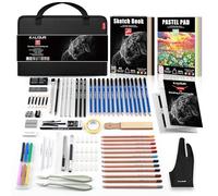 KALOUR Kit de croquis et de dessin 95 pièces avec carnet de croquis 3 couleurs et papier pastel - crayons graphite, fusain et pastel - Kit complet d'artiste pour débutants et professionnels
