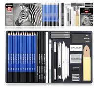KALOUR PDAS Kit de dessin 36 pièces - Fournitures de croquis professionnels - Comprend un tutoriel, un graphite, un charbon de bois, pour artistes, adultes, adolescents, débutants