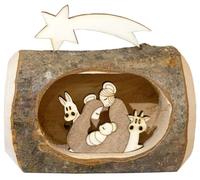 Kaltner Präsente Idée cadeau - Crèche de Noël en bois avec Jésus, Marie et enfant dans un tronc d'arbre avec écorce du Tyrol du Sud avec éclairage
