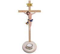 Kaltner Präsente Idée cadeau - Croix en bois - Photophore - Crucifix en bois de hêtre véritable et érable avec bougie chauffe-plat - Croix non traitée avec figurine Jésus-Christ en pierre artificielle