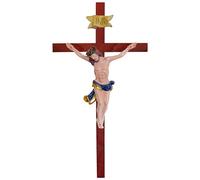Kaltner Präsente Idée cadeau - Croix murale en bois de hêtre véritable - Croix en acajou avec figurine Jésus-Christ peinte à la main en pierre artificielle (hauteur 35 cm)
