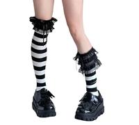 Kalttoy Chaussettes montantes japonaises à volants en dentelle avec nœuds, sous-cultures punk, rayures au-dessus du genou, bas longs pour femmes, bonneterie tendance pour femmes, Stri noir et blanc