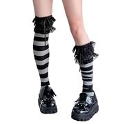 Kalttoy Chaussettes montantes japonaises à volants en dentelle avec nœuds, sous-cultures punk, rayures au-dessus du genou, bas longs pour femmes, bonneterie tendance pour femmes, Bande noire et grise