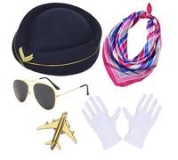 Kalttoy Ensemble chapeau d'hôtesse de l'air pour adulte + foulards + lunettes de soleil/gants/broche pour carnaval femme hôtesse de l'air pour Halloween photographie hôtesse de l'air et écharpe tenue