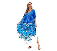 Kalttoy Robe de plage longue pour femme - Manches chauve-souris - Col en V - Caftan turc - Dégradé bleu et blanc - Imprimé floral - Imprimé numérique - Robe maxi surdimensionnée