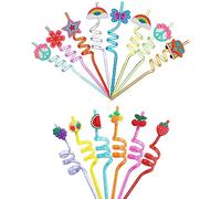 KALUROIL 16 PCS Pailles en Plastique Réutilisables Thème des fruits + thème rétro hippie Pailles Spirale pour Anniversaires d'enfants et Fêtes