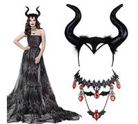 KALUROIL 2 PCS Déguisement Halloween Femme- Bandeau Corne de Démon Noir avec Collier Dentelle - Accessoire Maléfique pour Halloween, Cosplay, Carnaval - Décoration Gothique pour Femme