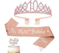 KALUROIL Fille 10 Ans -Kit Anniversaire Couronne Tiare Strass et Ceinture Pailletée "It's My 10th Birthday" - Décoration Cupcake et Boîte Cadeau Incluse