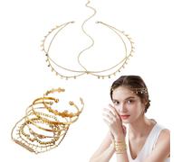 Kalvd-7 Pièces Bracelets En Cristal De Bohème,1 Pièces Chaîne De Tête En Or Chaîne De Tête À Paillettes Pour Mariée Bijoux De Tete Bracelets À Pompons En Or Bracelet Manchette Réglable