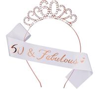 Kalvd-Écharpe De 60e Anniversaire Et Diadème En Strass,Écharpe En Satin Pour 60e Anniversaire-Cadeau D'anniversaire Pour Filles Et Femmes-Décorations De Fête D'anniversaire (Or Rose)