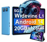 KALWS-Tablette Android 14 Avec Widevine L1,13Mp+5Mp,8000 Mah+Charge Rapide 18 W,Tablette Tactile 11 Pouces Avec 20 Go Ram+128 Go Rom (Extensible 1 To),5G Wi-Fi,Gps,Octa-Core 2.0 Ghz,Face Id,Bleu