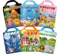 Kalysky Lot de 6 livres d'autocollants réutilisables 300+ 3D pour enfants de 2 à 6 ans, Ferme, Animaux, Dinosaures, Monde océanique, Espace,Véhicule Autocollants, Cadeaux d'anniversaire Filles Garçons