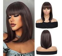 Kalyss - Perruque Yaki en cheveux synthétiques - Carré court - Résistante à la chaleur - Brune - Pour femme noire - Avec frange
