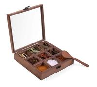 KAM HOME Boîte à épices en bois avec 9 cloisons et cuillère en bois de sheesham | Boîtes à épices indiennes pour cuisine, Masala Dabba, Masala Daani, Namak Dani,