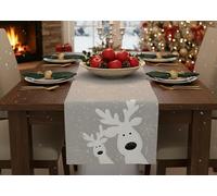 Kamaca Chemin de table rectangulaire drôle d'élan avec élan curieux et flocons de neige - Broderie en filigrane - Attire tous les regards - Pour l'hiver et Noël - Gris clair - 40 x 85 cm