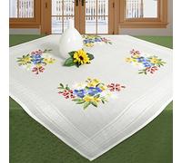 KAMACA Kit de broderie nappe en coton - Point plat et point de tige - Fleurs préimprimées - Ensemble de broderie comprenant du fil à broder, un modèle de broderie et une notice d’utilisation - Kit de