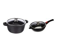 Kamberg - 0008032 - Faitout 24 cm - Fonte d'Aluminium - Revêtement type pierre - Couvercle en verre - Tous feux dont induction - Sans PFOA & Sauteuse 24 cm - Manche Amovible - Fonte d'Aluminium