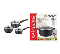 KAMBERG - 0008039 - Set 3 Casseroles 16/18 / 20 cm - Manche Amovible - Revêtement Type Pierre & 0008033 - Faitout 28 cm - Fonte d'Aluminium - Revêtement Type Pierre - Couvercle en Verre