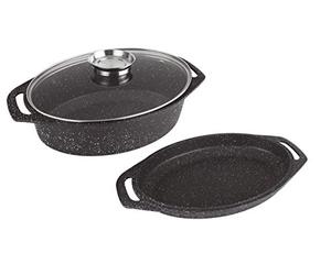Kamberg - Cocotte Plat à Four 3 pièces 38 x 26 x 12,8 cm -Fonte d'Aluminium - Revêtement Type Pierre - Couvercle en Verre - Tous Feux dont Induction - Sans PFOA - 0008049
