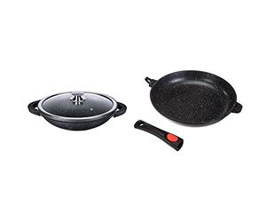 KAMBERG - Ensemble de cuisine - 2 pièces : Wok 36 cm et Poêle 32 cm - Fonte d'Aluminium - Revêtement type pierre - Tout feux dont induction - Manche Amovible - Silicone - Lavable en Machine